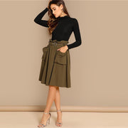 Waist Belted Pleated Pocket Skirt