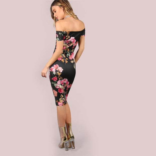 Off Shoulder Floral Midi Dress