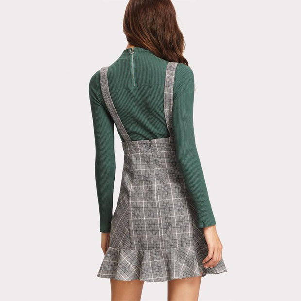 Lace Up Front Ruffle Hem Plaid Skirt