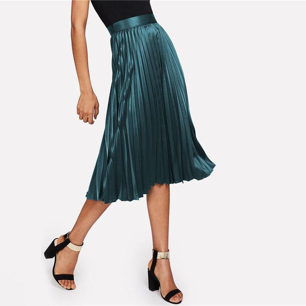 Zip Closure Pleated Satin Skirt