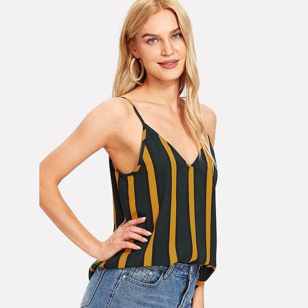 Double V-Neck Striped Cami Top