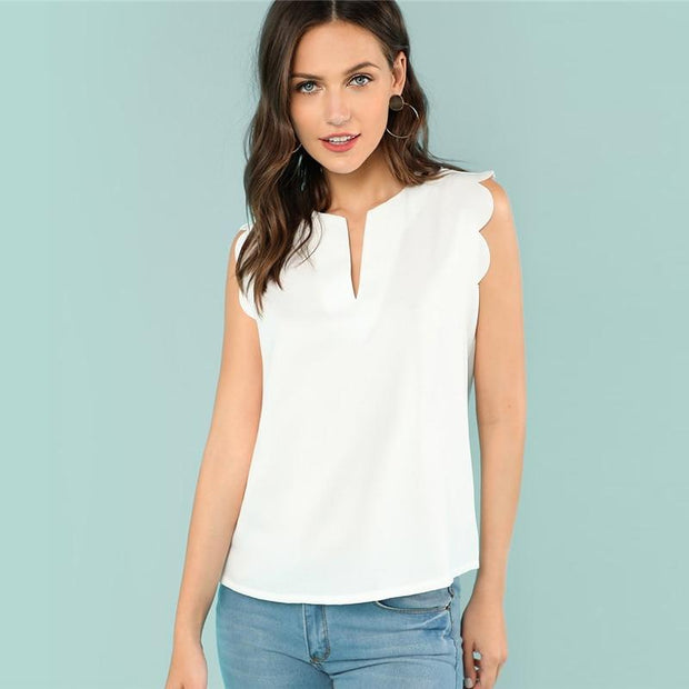Sleeveless V-Neck Scallop Top