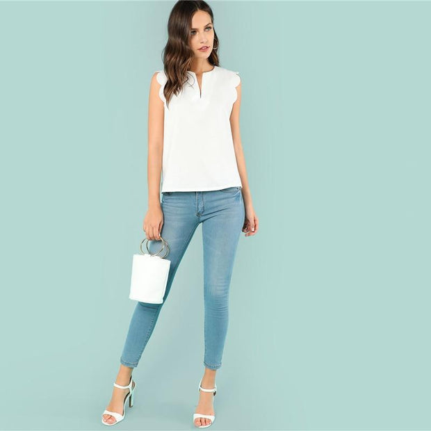 Sleeveless V-Neck Scallop Top