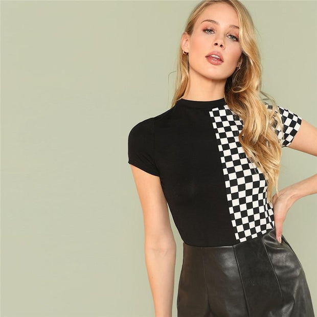 Colorblock Plaid Round Neck Top