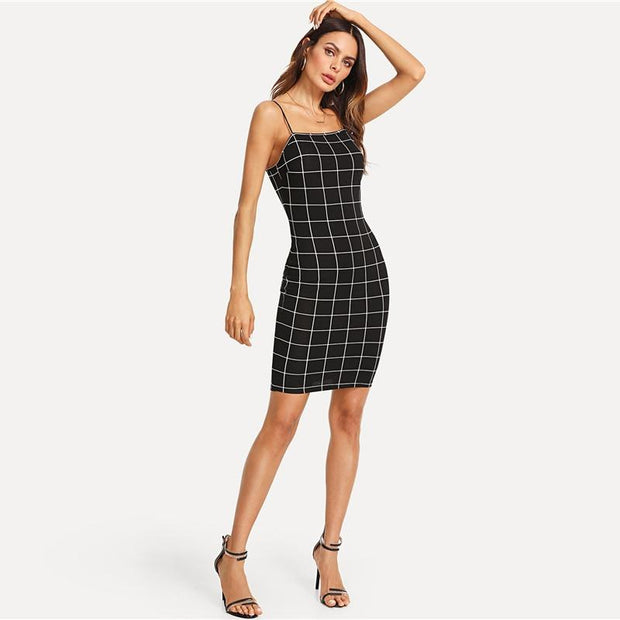 Spaghetti Strap Grid Mini Dress