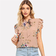 Flounce Shoulder Tied Neck Floral Top