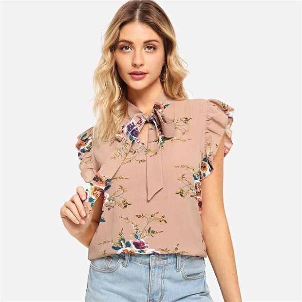 Flounce Shoulder Tied Neck Floral Top