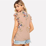Flounce Shoulder Tied Neck Floral Top