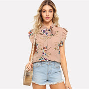 Flounce Shoulder Tied Neck Floral Top