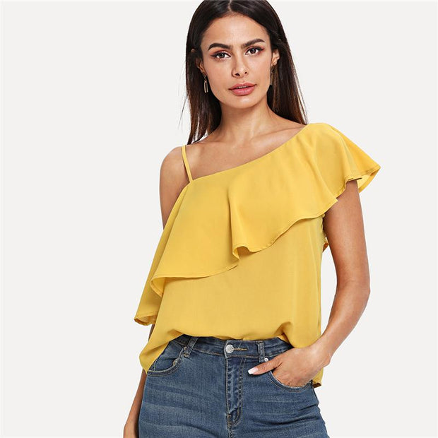 Asymmetrical Neck Flounce Trim Top