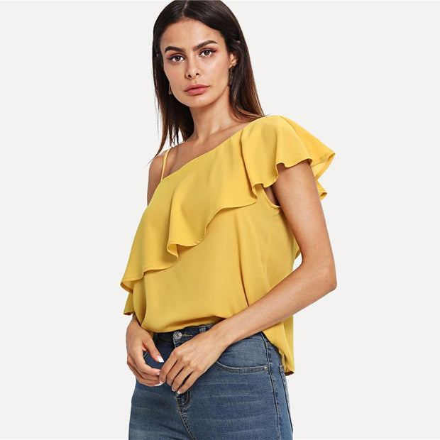 Asymmetrical Neck Flounce Trim Top