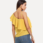 Asymmetrical Neck Flounce Trim Top