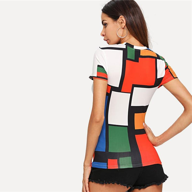 Geometric Print Color Block Top