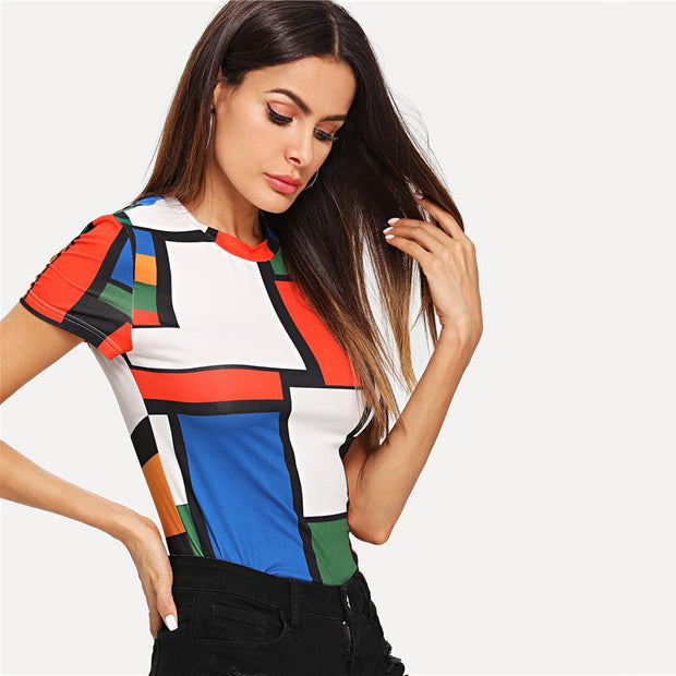 Geometric Print Color Block Top