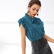 Tie Neck Ruffle Armhole Glitter Top