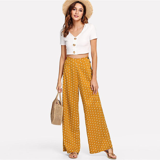 Polka Dot Side Button Wide Pants