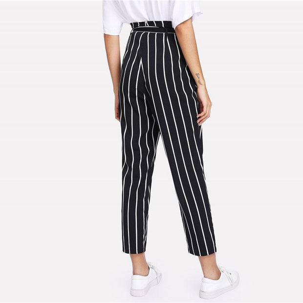 Self Belt Striped Pants
