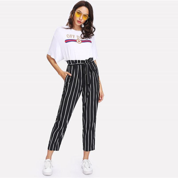 Self Belt Striped Pants