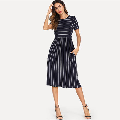 Short Sleeve Mixed Stripe Midi  Dress