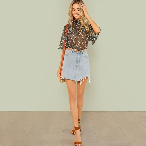 Keyhole Back Frill Neck Top