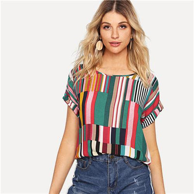 Mix Striped Print Rolled Up Top