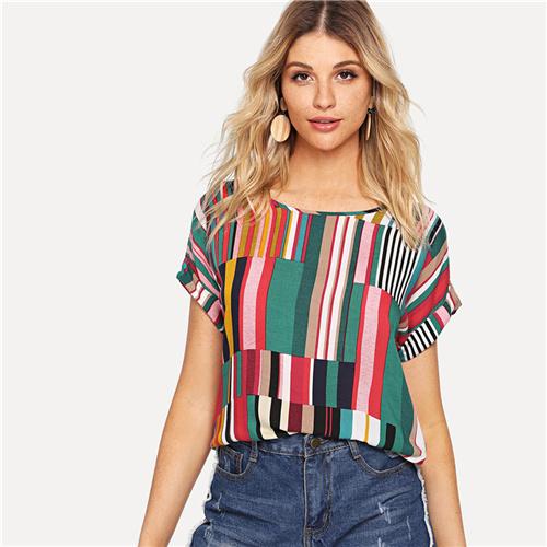 Mix Striped Print Rolled Up Top