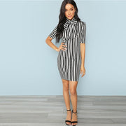 Bow Tie Neck Striped Mini Dress