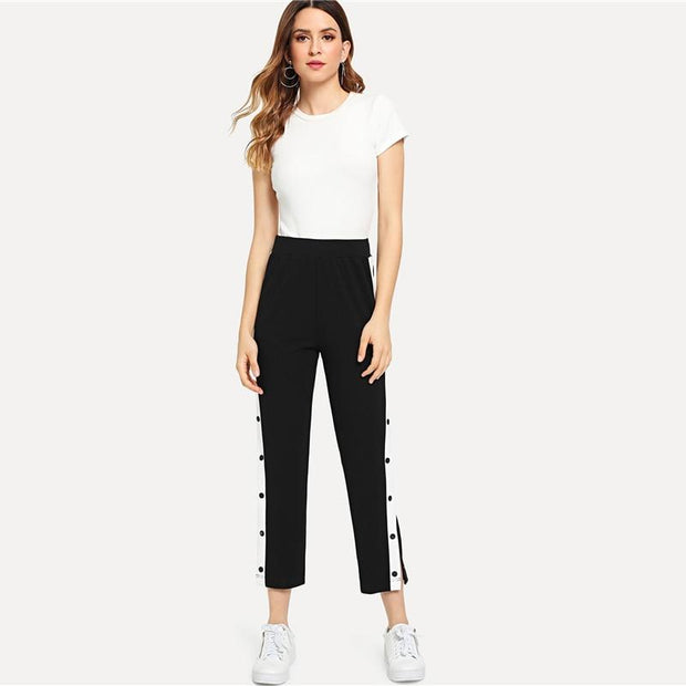Colorblock Contrast Snap Button Side Pants