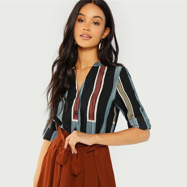 Cut V-Neck Striped Top