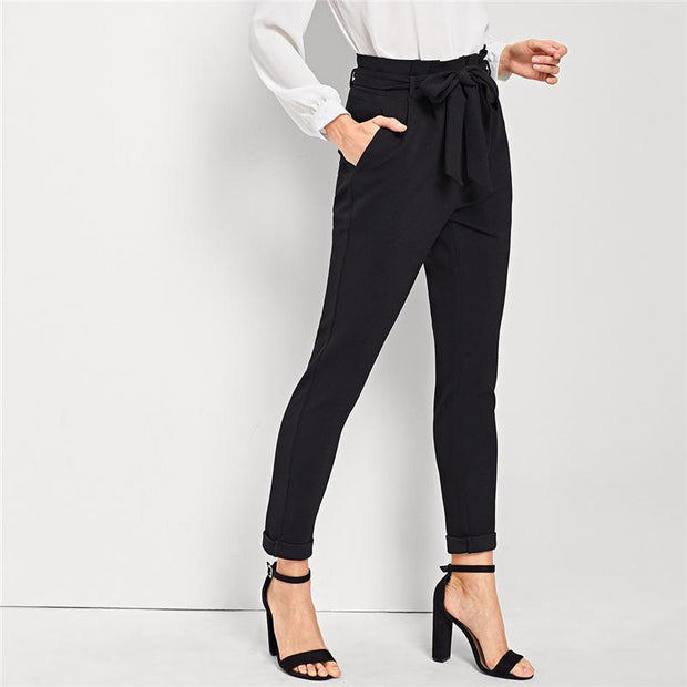 Waist Belted Mid Waist Tapered Pants