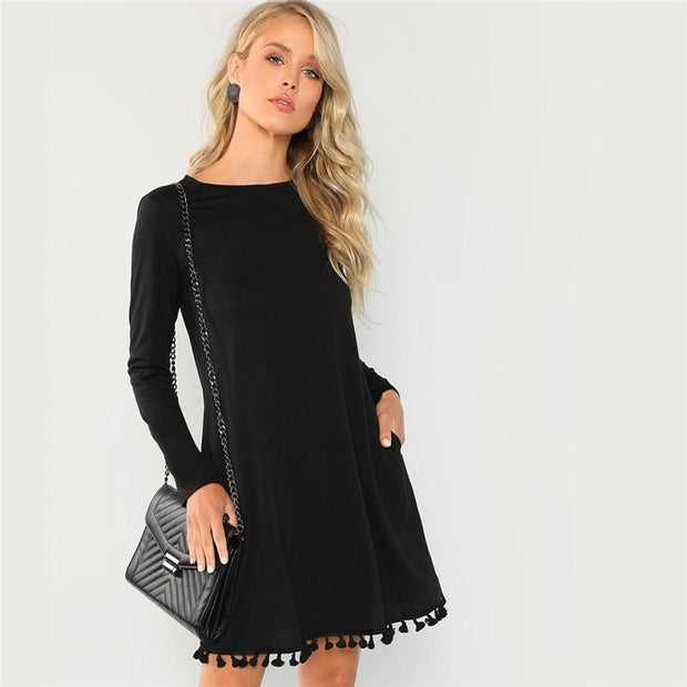 Tassel Hem Pocket Long Sleeve Dress
