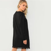 Tassel Hem Pocket Long Sleeve Dress