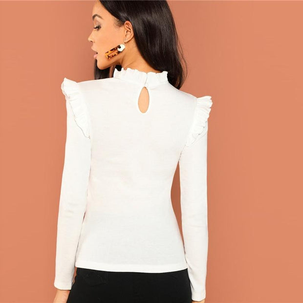 Frill Trim Stand Collar Top