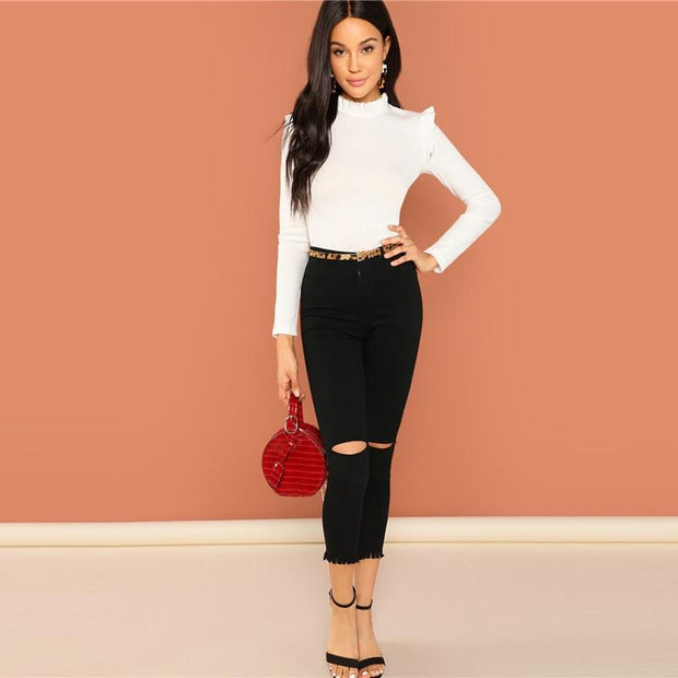 Frill Trim Stand Collar Top