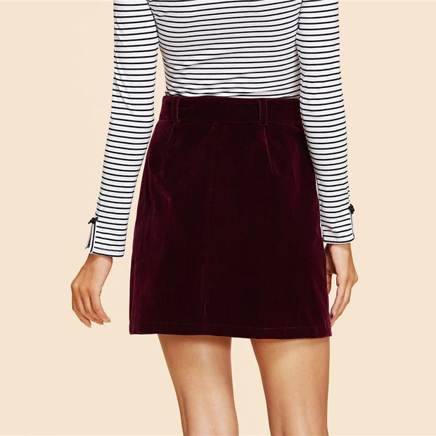 Double Button Belted Velvet Skirt