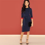 Colorblock Belted 3/4 Sleeve Midi Dress