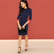 Colorblock Belted 3/4 Sleeve Midi Dress