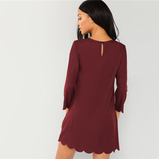 Scallop Trim Tunic Round Neck Dress