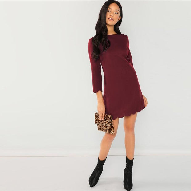 Scallop Trim Tunic Round Neck Dress