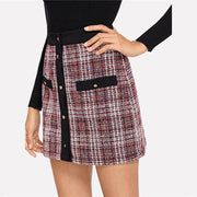 Colorblock Trim Button Up Tweed Skirt