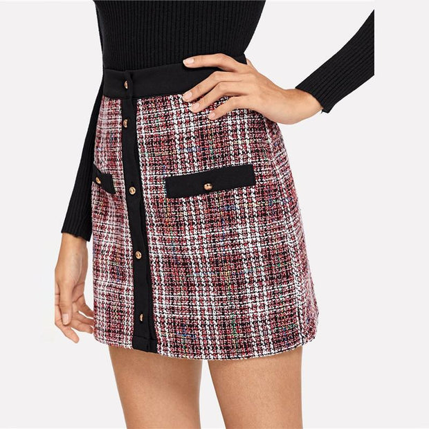 Colorblock Trim Button Up Tweed Skirt