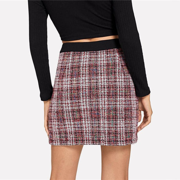 Colorblock Trim Button Up Tweed Skirt