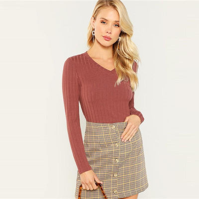 Rust Ribbed Knit Slim Plain Top