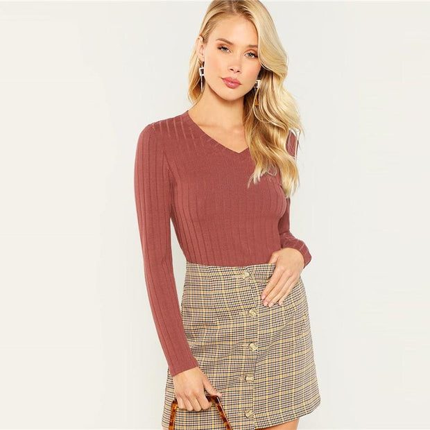 Rust Ribbed Knit Slim Plain Top