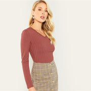 Rust Ribbed Knit Slim Plain Top