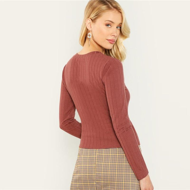 Rust Ribbed Knit Slim Plain Top