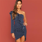 One Shoulder Ruffle Polka Dot Dress