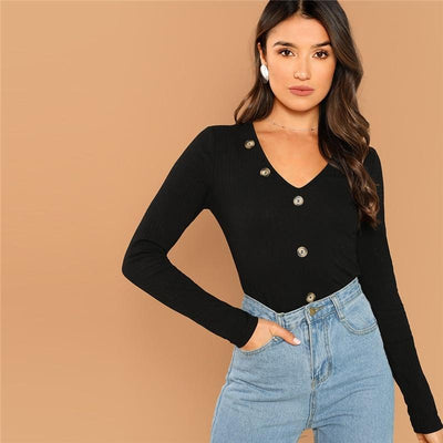 Elegant Rib Knit Button Top