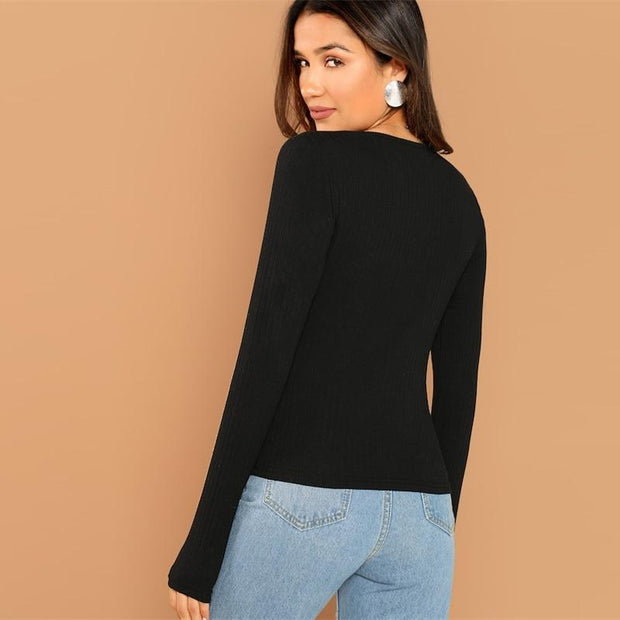 Elegant Rib Knit Button Top