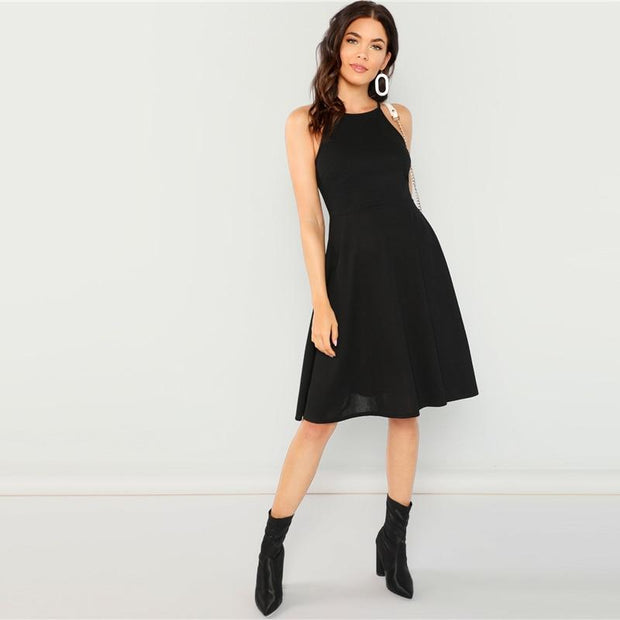 Fit & Flare Solid Halter Midi Dress